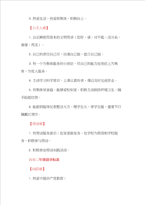 2022小学少先队各年级“红领巾奖章争章红领巾争章考核细则实施方案