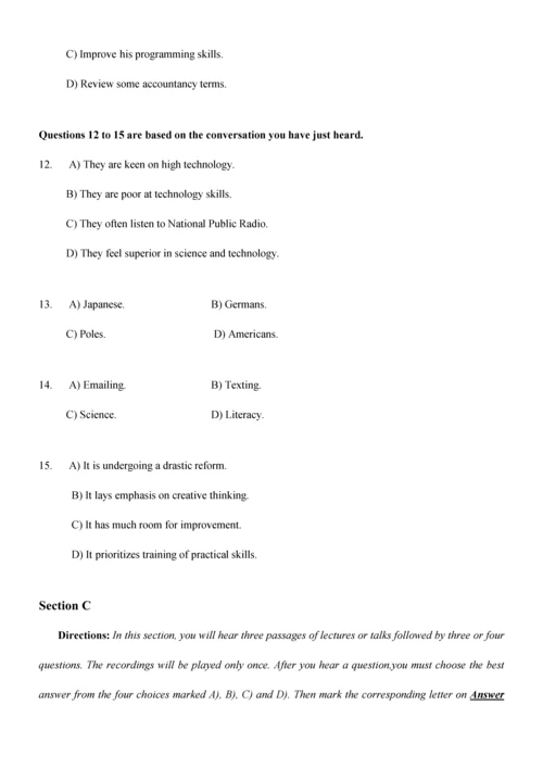 2023年大学英语四级真题试卷及答案第套资料.docx