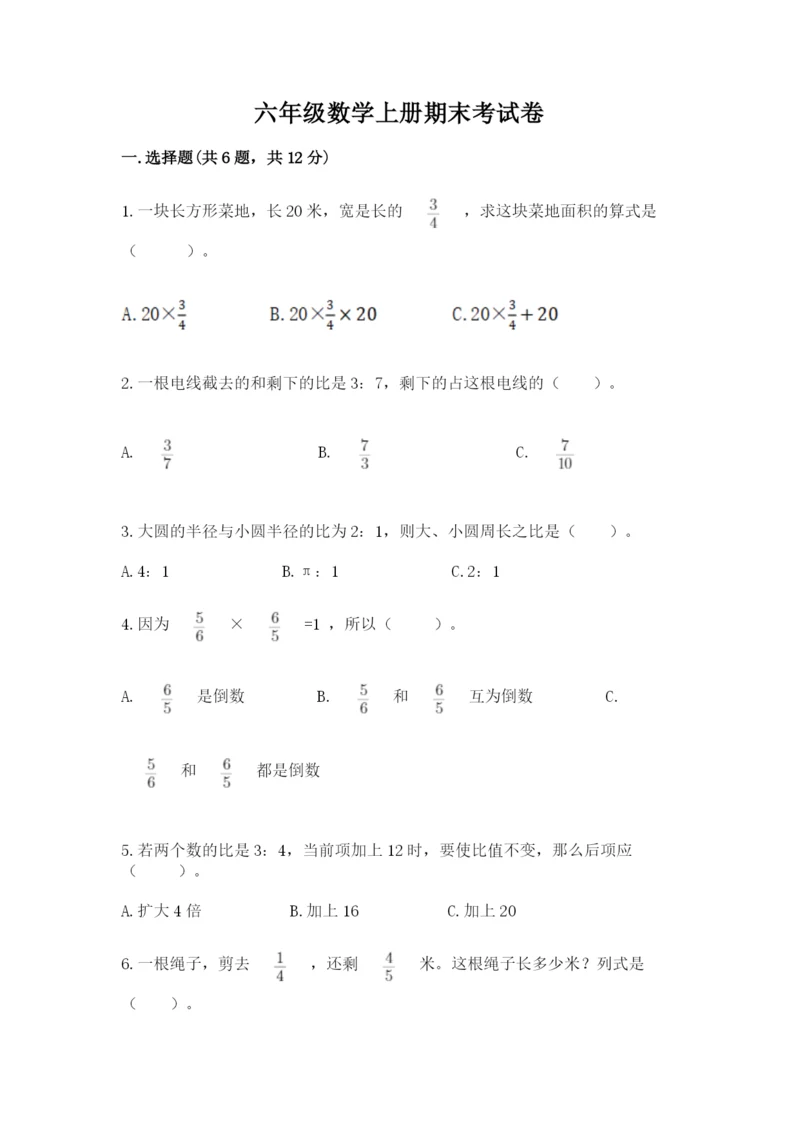 六年级数学上册期末考试卷带答案（培优a卷）.docx