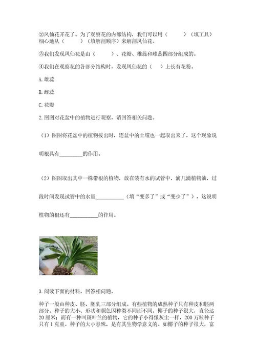 科学四年级下册第一单元《植物的生长变化》测试卷附答案（研优卷）