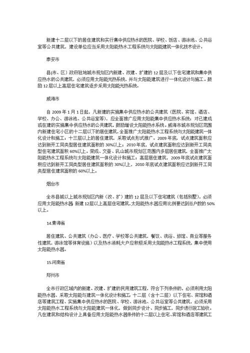 各省市太阳能热水工程优惠政策