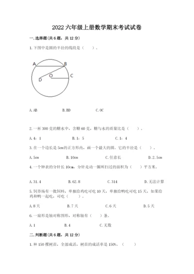 2022六年级上册数学期末考试试卷带答案ab卷.docx