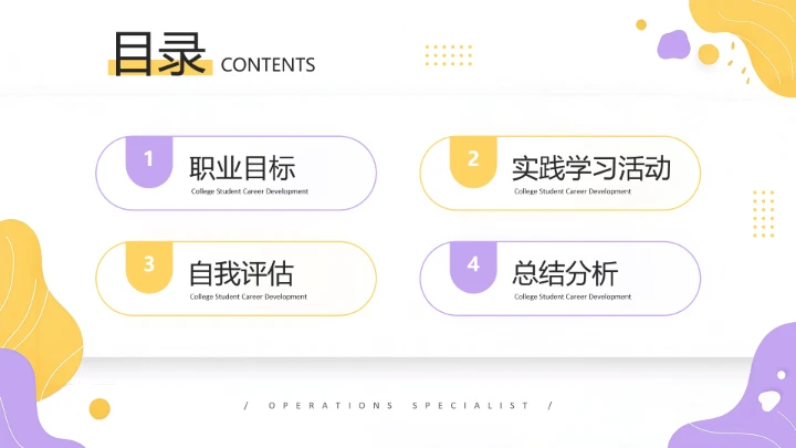 紫黄色扁平风通用版大学生职业生涯发展展示职业生涯规划(运营方向)PPT
