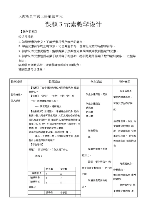 沪教版九年级化学：第三单元课题3元素教学设计