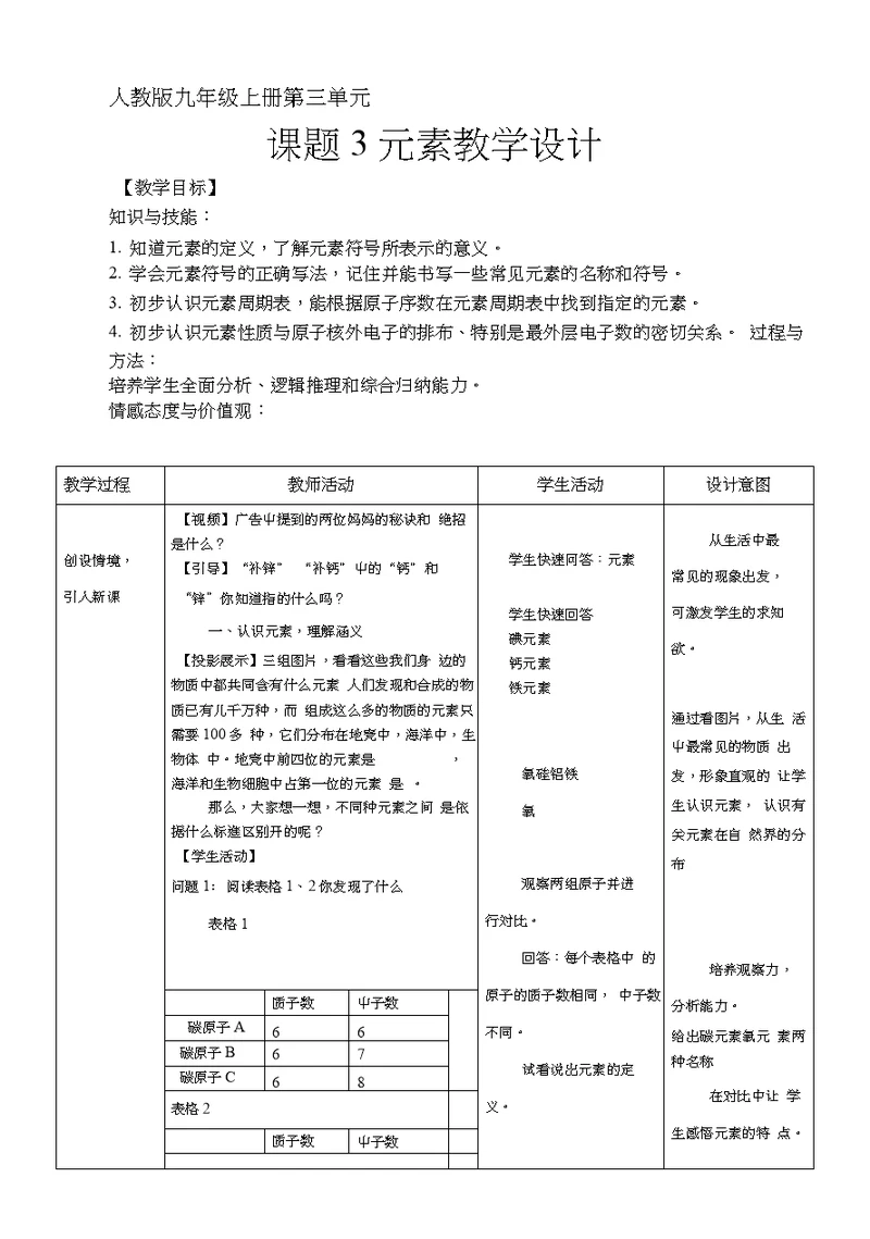 沪教版九年级化学：第三单元课题3元素教学设计