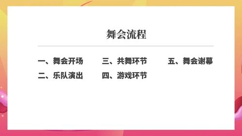 粉色水彩风浪漫大学毕业舞会流程庆典PPT模板
