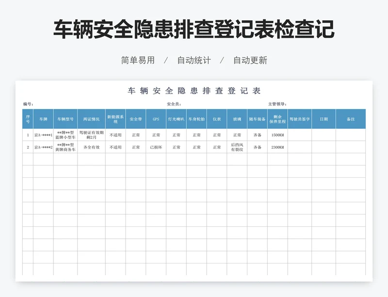 车辆安全隐患排查登记表检查记录模板