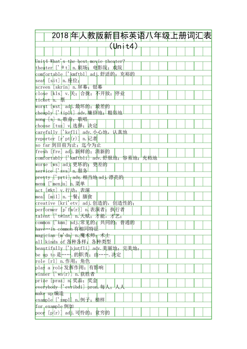 人教版新目标英语八年级上册词汇表Unit4.docx