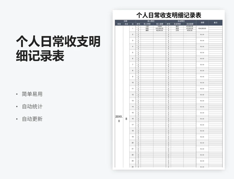 个人日常收支明细记录表