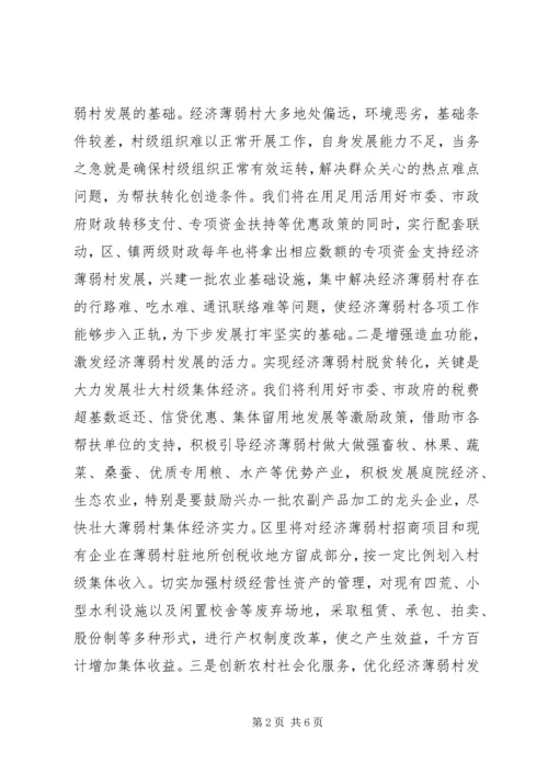 在全市实施百个经济薄弱村转化帮扶工程动员大会上的发言 (4).docx