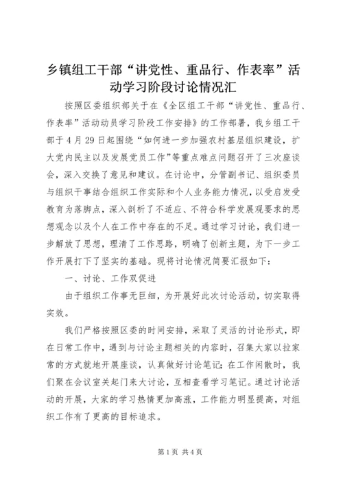 乡镇组工干部“讲党性、重品行、作表率”活动学习阶段讨论情况汇.docx