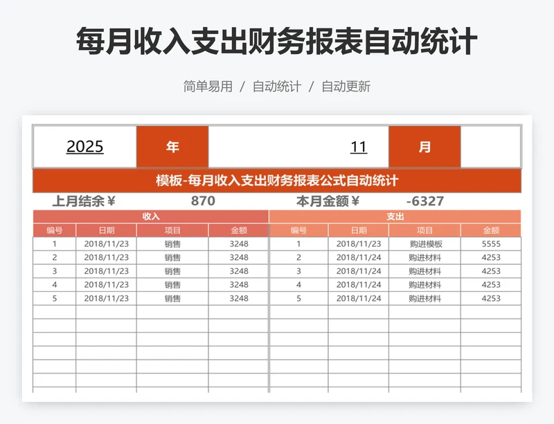 每月收入支出财务报表自动统计表