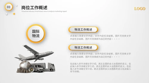 黄色微粒体国际物流工作总结工作汇报述职报告ppt模板