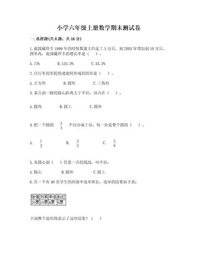 小学六年级上册数学期末测试卷含答案（完整版）