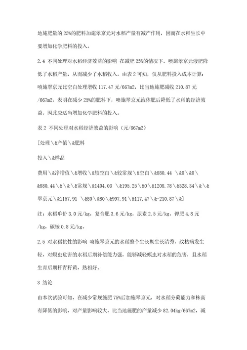 翠京元微生物肥对晚稻生长性状及产量的影响研究