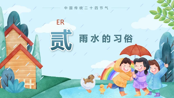 蓝色卡通户外二十四节气雨水节气带内容PPT模板