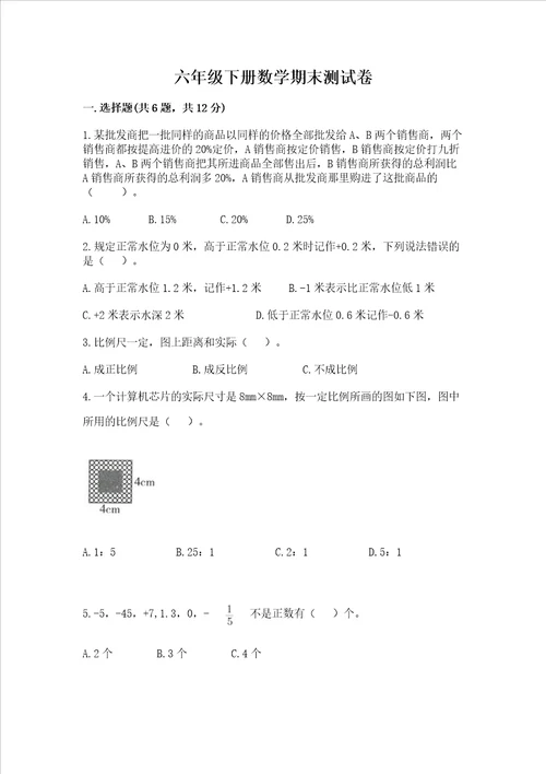 六年级下册数学期末测试卷附参考答案培优b卷