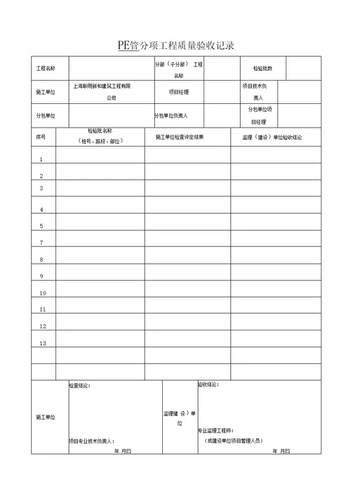 PE管及双壁波纹管施工分部、分项、检验批质量验收表格