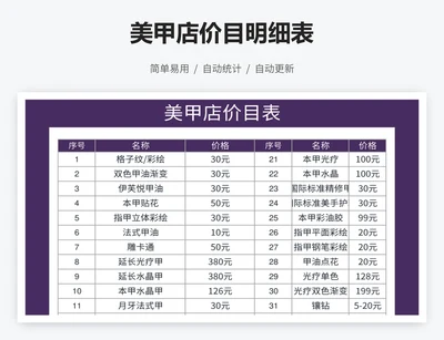 美甲店价目明细表