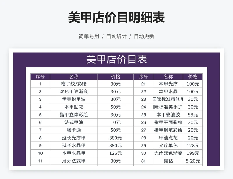 美甲店价目明细表