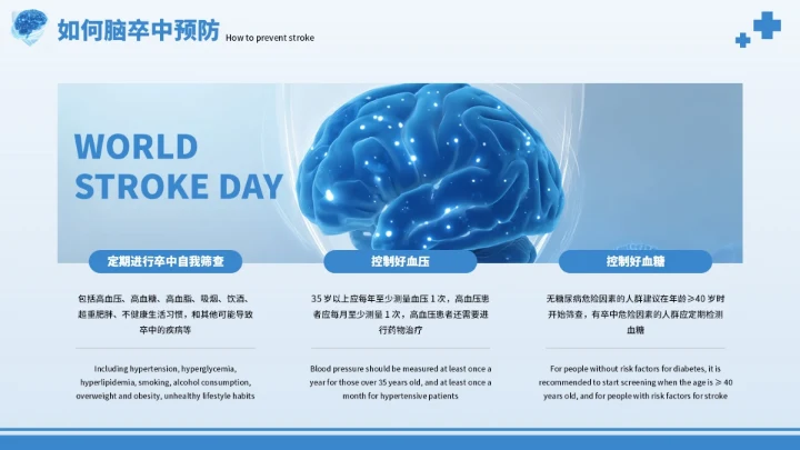 蓝色创意世界脑卒中预防PPT模板