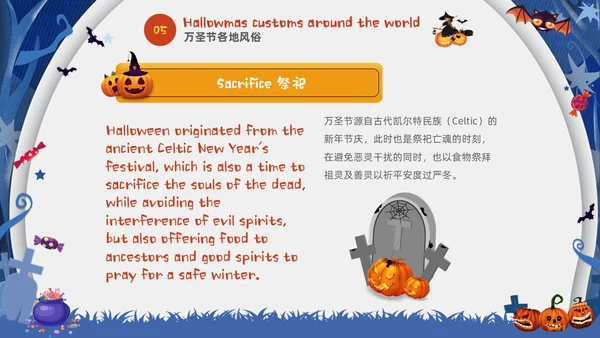 蓝白卡通儿童万圣节英文介绍PPT