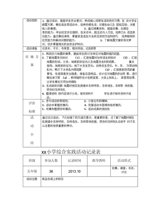 小学综合实践活动记录表