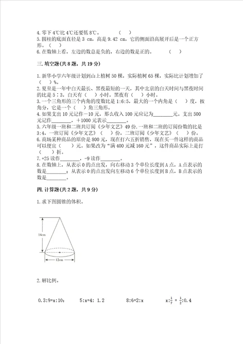 六年级下册数学期末测试卷培优a卷