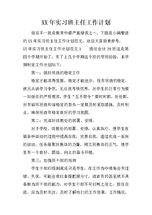 XX年实习班主任工作计划