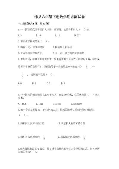 沛县六年级下册数学期末测试卷及一套完整答案