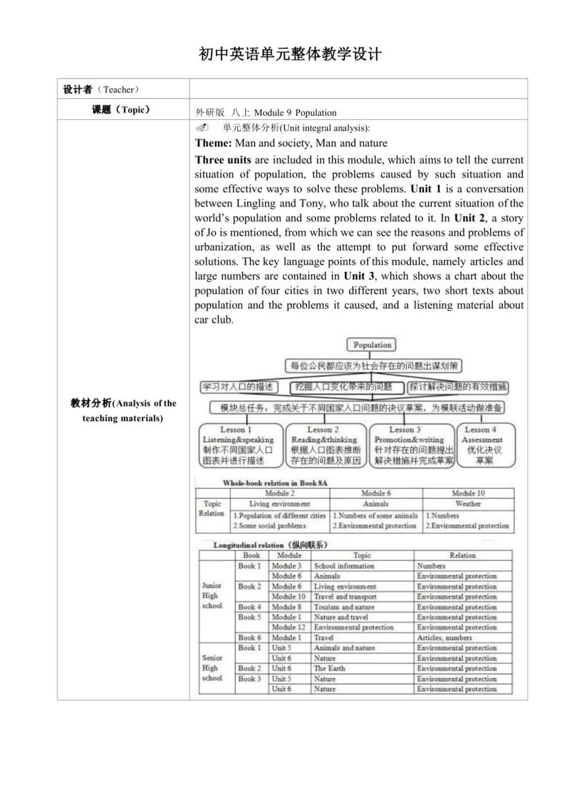 Module 9 Population 表格式大单元整体教学设计（外研版八年级上册）