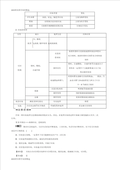 2020版高中化学专题1洁净安全的生存环境第3单元生活垃圾的分类处理教师用书苏教版选修1