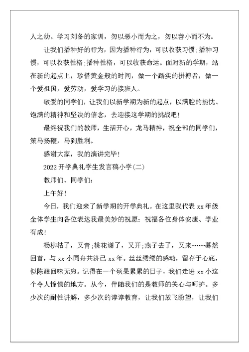 2022开学典礼学生发言稿小学