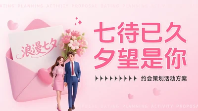 粉色3D风七待已久夕望是你：浪漫七夕约会策划活动方案PPT模板