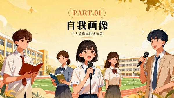 黄色手绘插画风校园学生会面试自我介绍PPT模板