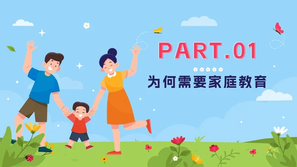 蓝色卡通学家庭教育，做智慧家长PPT模板