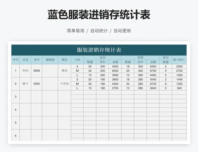 蓝色服装进销存统计表