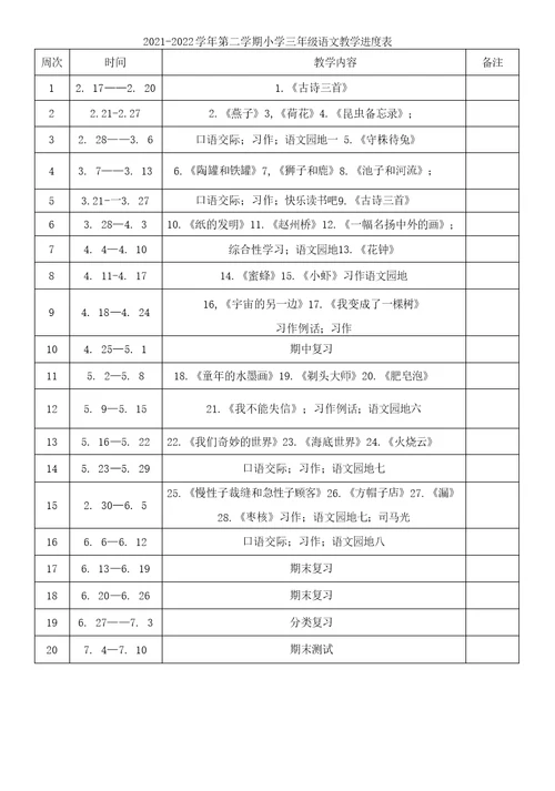 2021-2022学年部编版语文小学三年级下册教学工作计划及进度表