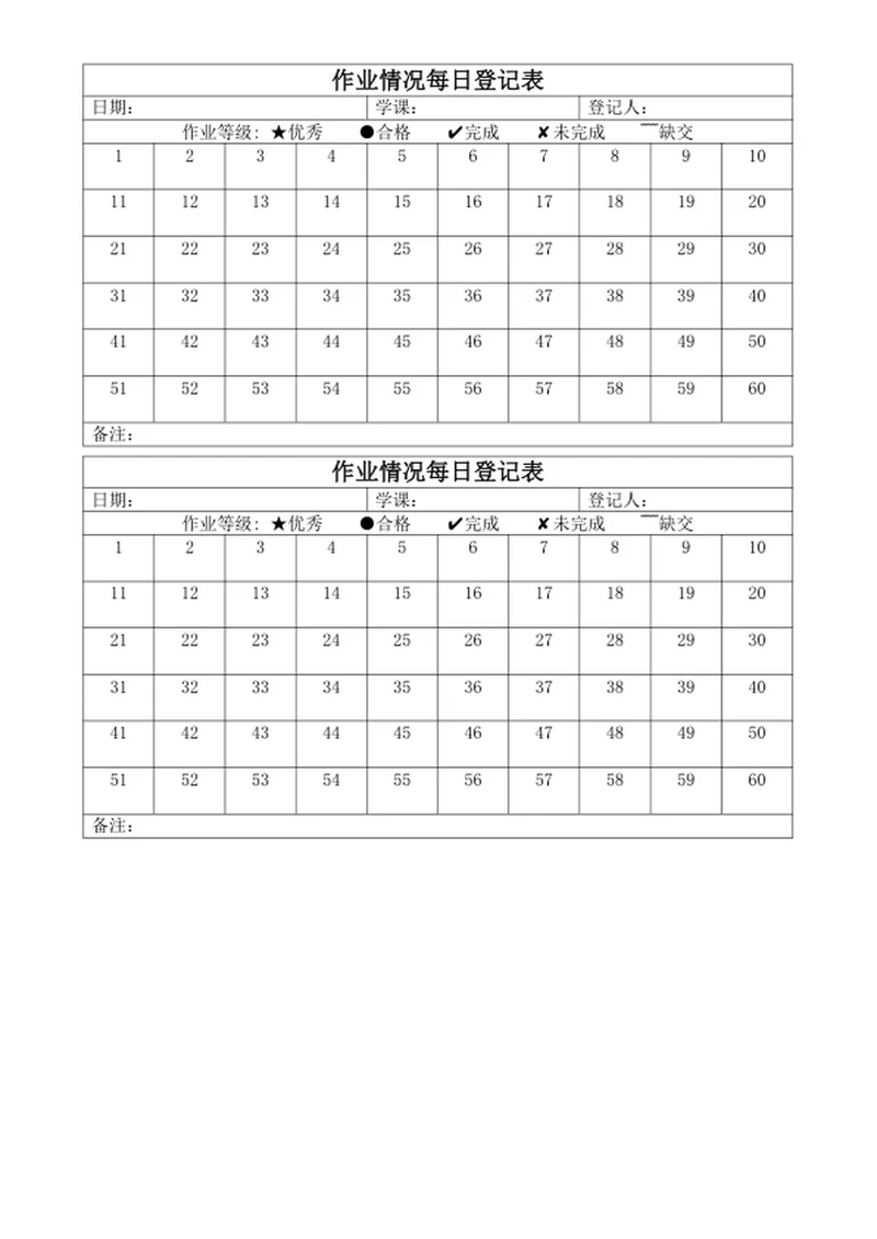 作业情况每日登记表