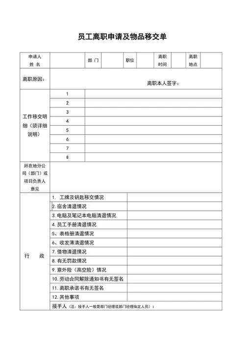 员工离职表员工离职申请及物品移交单