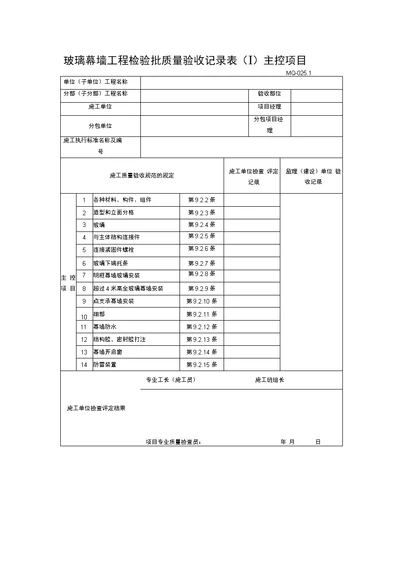 玻璃幕墙工程检验批质量验收记录表主控项目