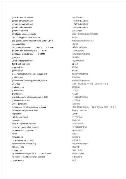 神经科学中英文词汇