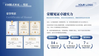 蓝色商务风1项荣誉奖状PPT单页