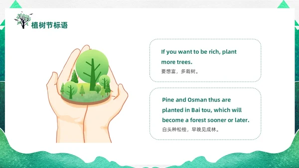 绿色渐变鎏金剪影312植树节英文介绍课件PPT