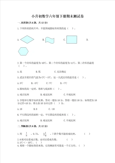 小升初数学六年级下册期末测试卷精品a卷