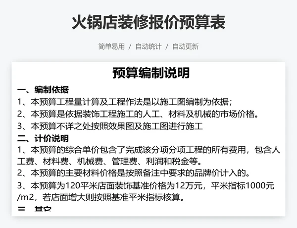 火锅店装修报价预算表