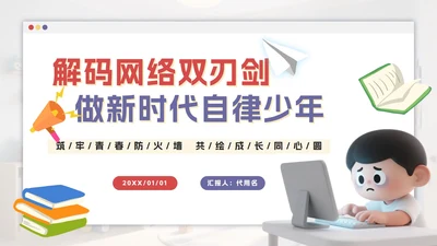 红紫色卡通远离网瘾主题班会PPT模板