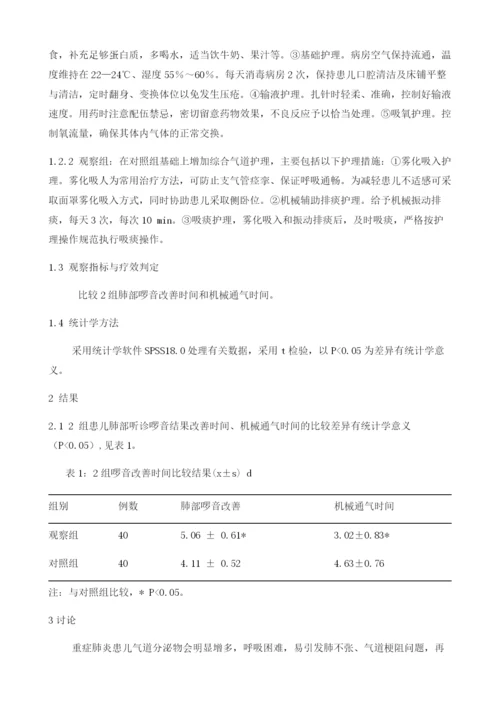 综合气道护理对机械通气的重症肺炎患儿的效果观察.docx