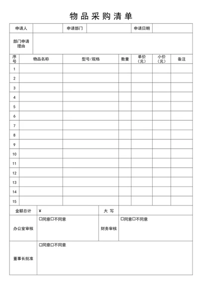 物品采购清单