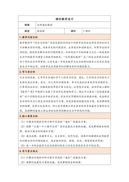大单元教学【核心素养目标】6★  怎样通知最快（表格式）教学设计 人教版五年级下册